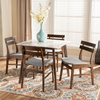Baxton Studio Richmond-SmokeWalnut-5PC Dining Set Baxton Studio Richmond Mid-Century Modern Light Grey Fabric Upholstered and Walnut Brown Finished Wood with Faux Marble Dining Table